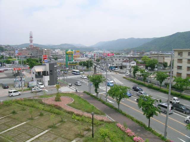 県道川西篠山線。沿道には各種店舗が建ち並んでいます。