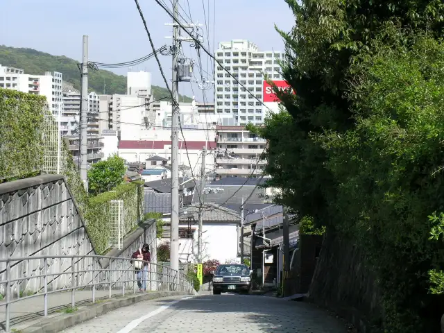 『花屋敷1丁目』の坂道。周辺には一戸建てが中心に建ち並んでいます。