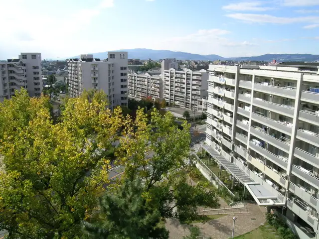 小高い丘の上に建つ『旭ヶ丘団地』。敷地内は緑豊かです。