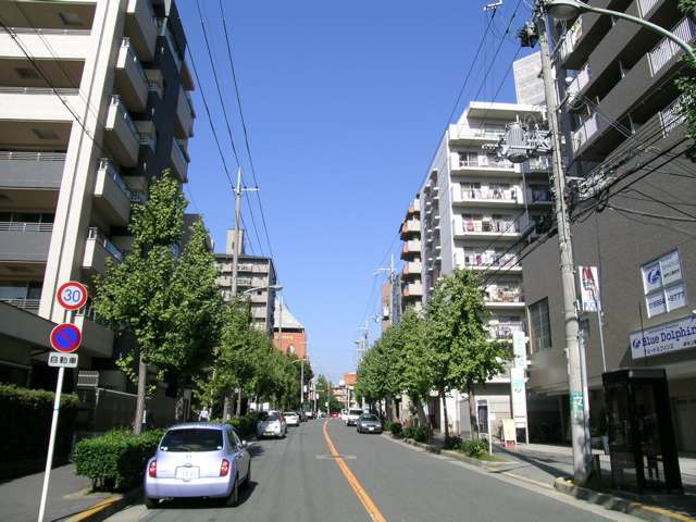 『寺内』周辺の道路は、歩道や街路樹が整備され、駅前ながら落ち着いた雰囲気。