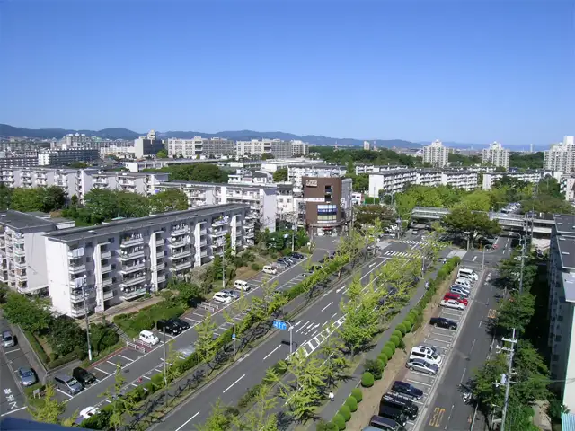 『竹見台』周辺。府道135号線は、街路樹がきれいな通りです。