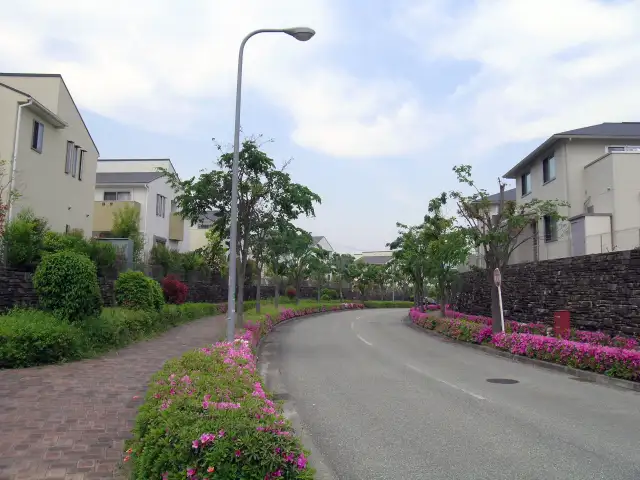 お洒落な石積みよう壁が印象的な街並。街路樹の緑もきれいです。
