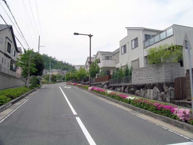 タウン内のバス通り。地名の通り、各所にツツジが植えられています。