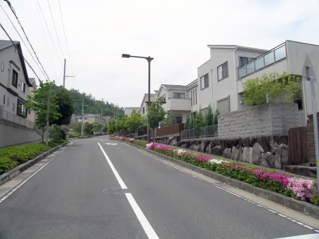 タウン内のバス通り。地名の通り、各所にツツジが植えられています。