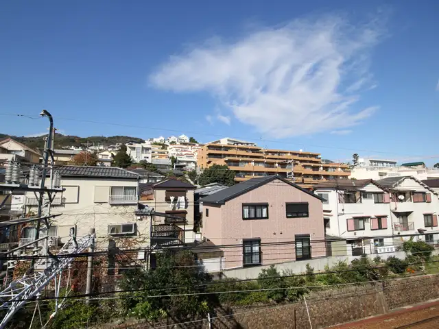 「森北町4丁目」周辺手前は阪急神戸線。南斜面の高台になっており、ひな壇型マンションや一戸建てなどが立ち並んでいます。