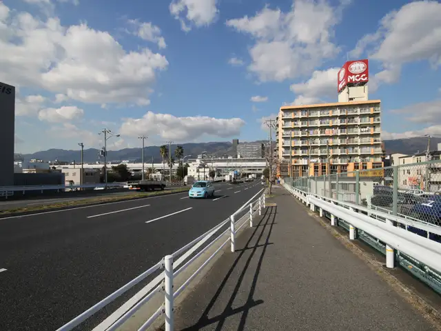 「深江大橋」の上から北方向を見る。この道をまっすぐ行くと国道43号線に接続しています。