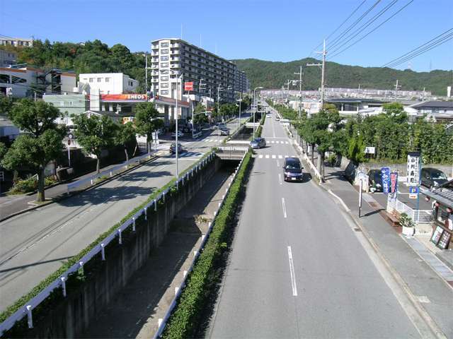 タウンの中心を走る4車線のメイン通り。道路沿いには店舗や公共施設があります。