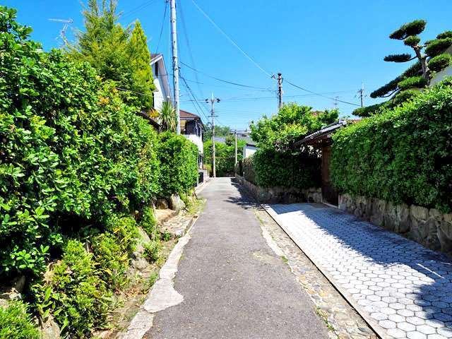 町の南東部を北方向から見た景色。道幅が狭い街路沿いに生垣や植栽のある家が並んでいます。