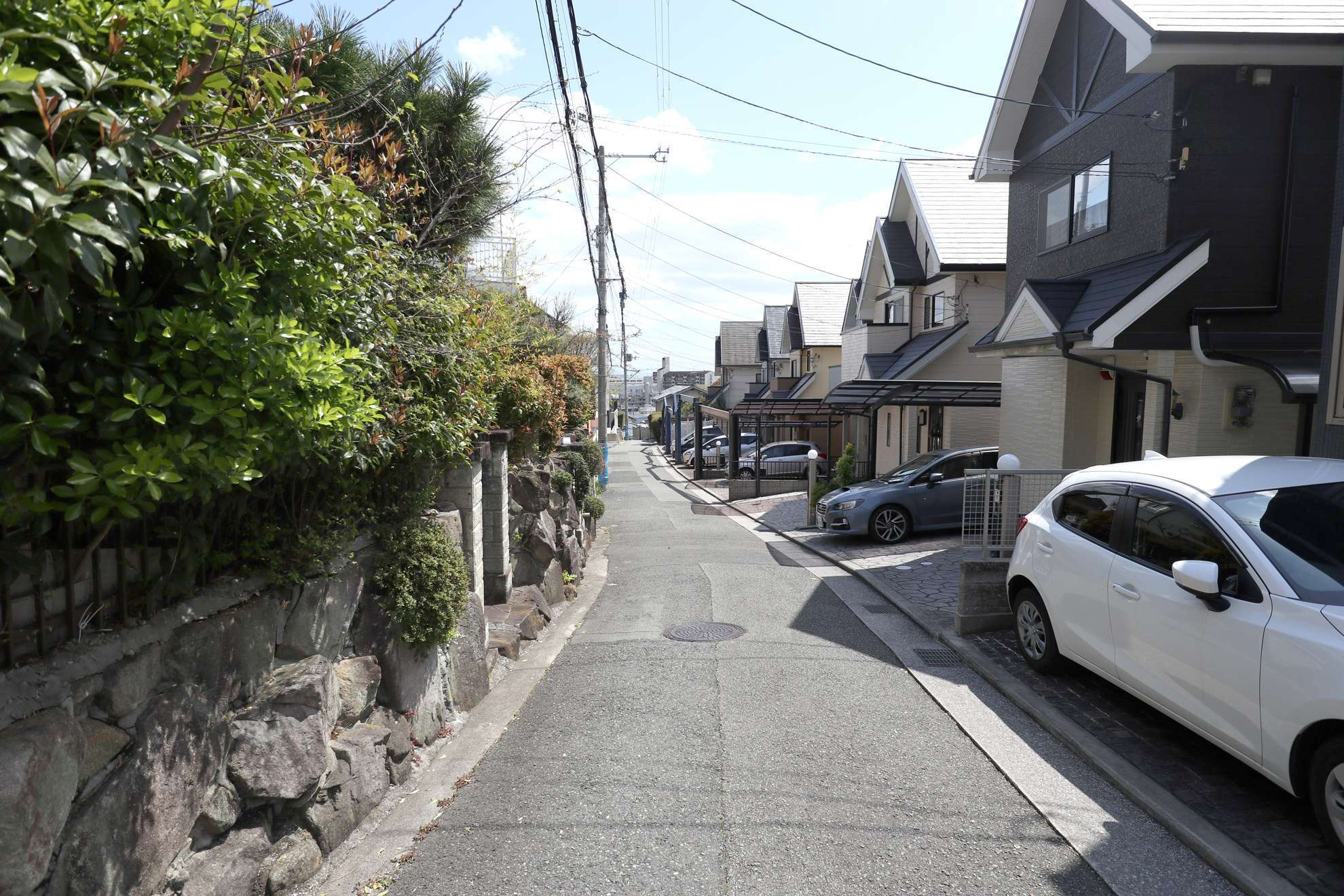 狭い街路沿いに一戸建てが並んでいます。