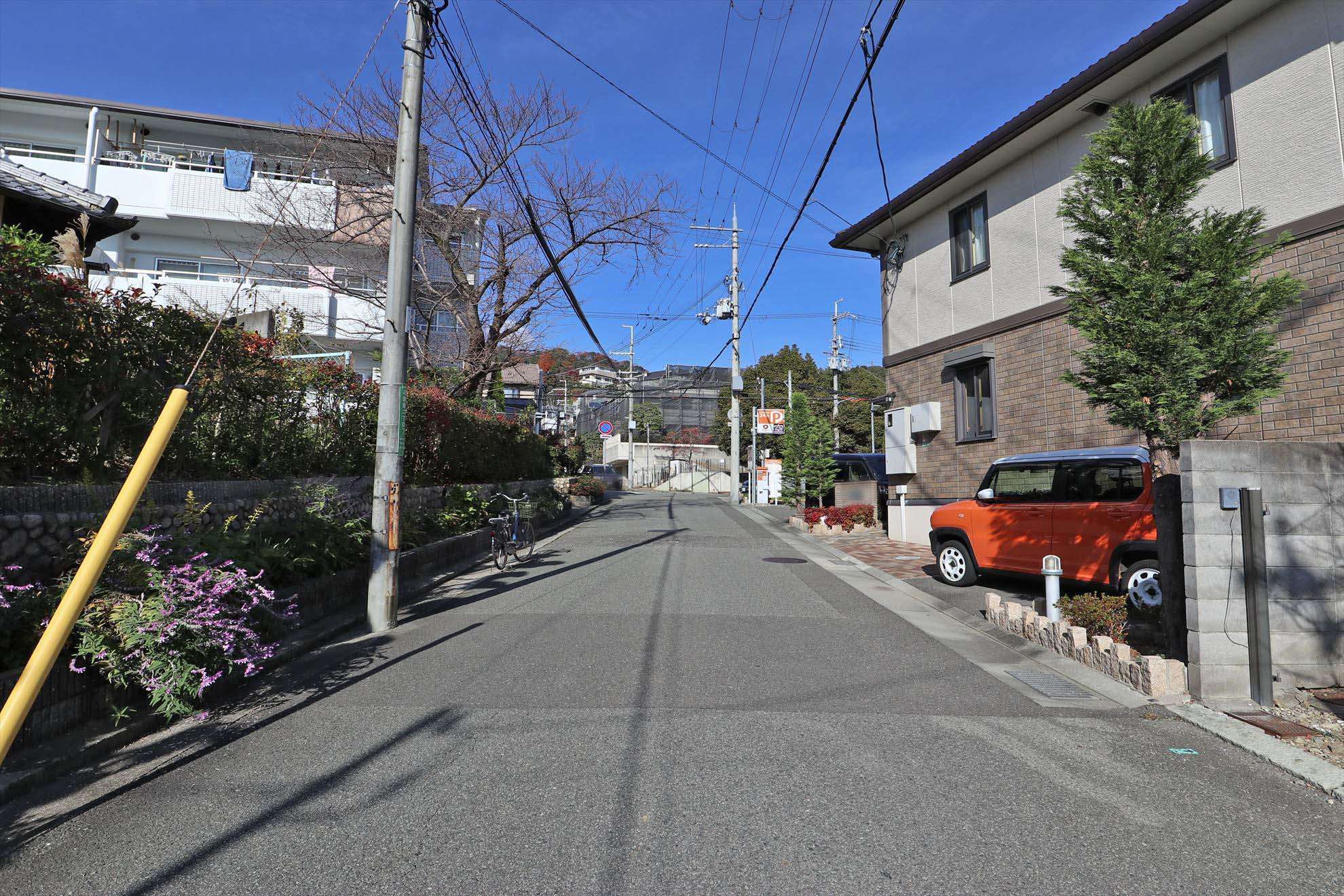 生け垣や植栽のある家が多く、町中でも緑豊か。