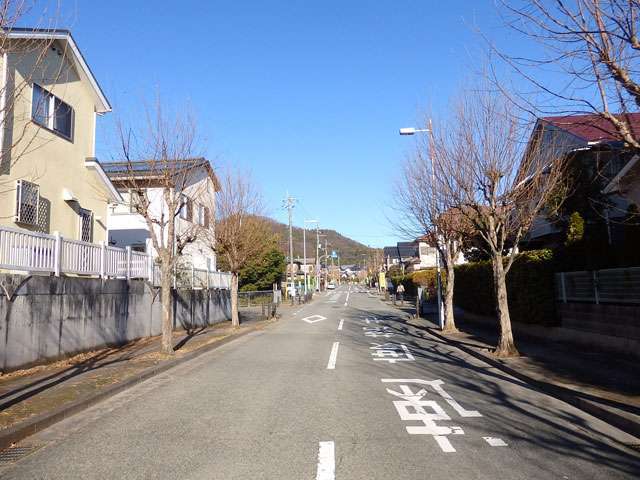 町の北西部を南方向から見た景色。道幅が広く区画の整った街路が中心です。