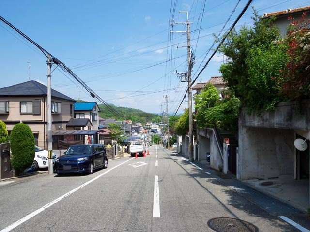 町の南部を南方向から見た景色。高台からは山林や住宅地を見渡せます。