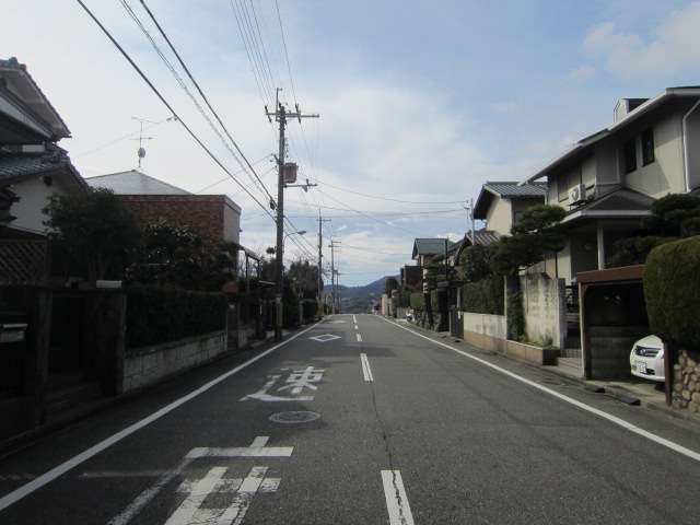 町の西部を北東方向から見た景色。直線的な道路沿いに一戸建てが整然と並んでいます。