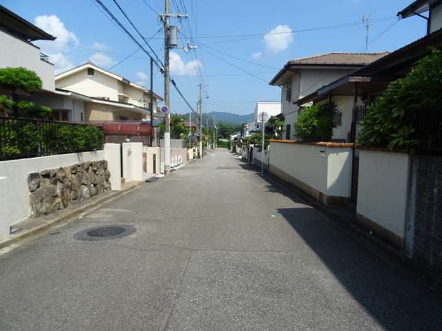 町の中央部を西方向から見た景色。生垣や植栽のある家が多いです。