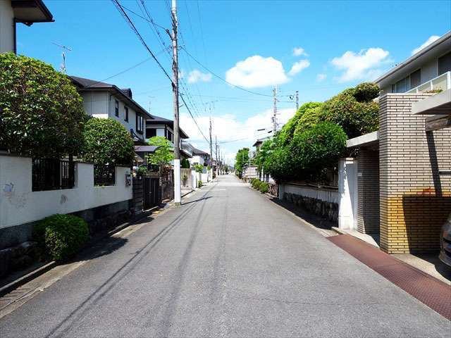 町の北部を東方向から見た景色。道幅が広く直線的な街路沿いに一戸建てが並んでいます。