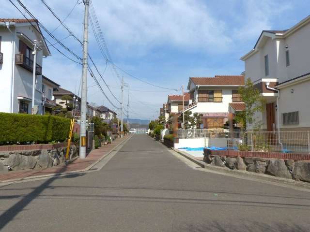 町の南部を西方向から見た景色。広く直線的な街路沿いに一戸建てが多く並んでいます。