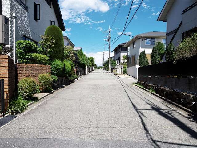 町の南西部を南方向から見た景色。生垣や植栽のある家が多く、緑豊かな街並みです。