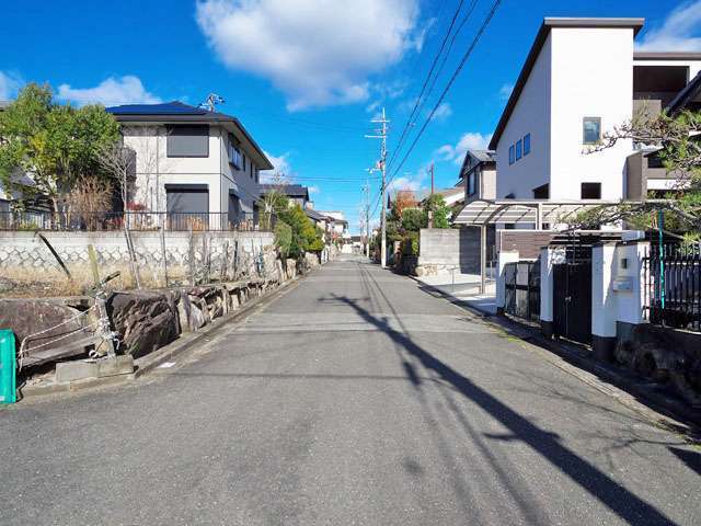 町の中央部を南方向から見た景色。道幅の広い街路沿いに敷地の広い一戸建てが並んでいます。