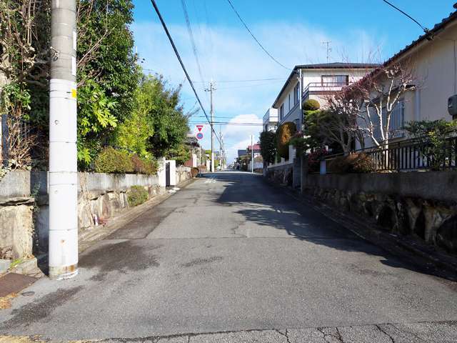 町の南西部を南西方向から見た景色。緩やかな坂道になっていますが、生垣や植栽のある一戸建てが並んでいます。