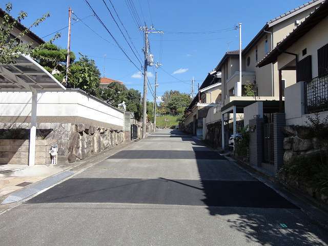町の東部を西方向から見た景色。道幅の広い街路沿いの住宅地です。