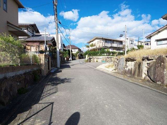 町の北部を南方向から見た景色。生垣や植栽のある家が多いです。