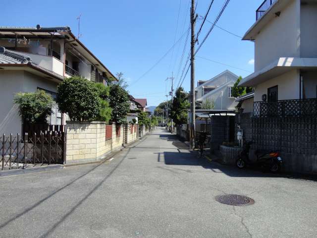 町の北部を西方向から見た景色。生垣や植栽のある家屋が多いです。