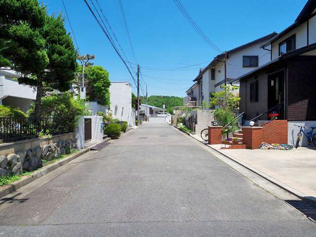 町の北部を西方向から見た景色。道幅が広い街路沿いに敷地の広い一戸建てが並んでいます。