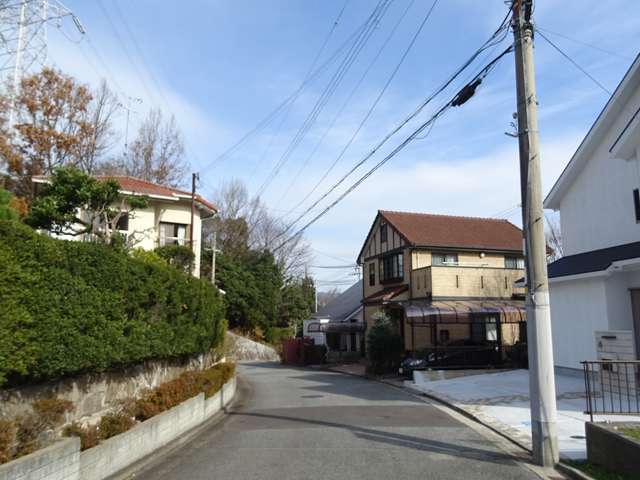 町の中央部を西方向から見た景色。生垣や植栽のある家が多く、住宅地の周囲には山林が広がっています。