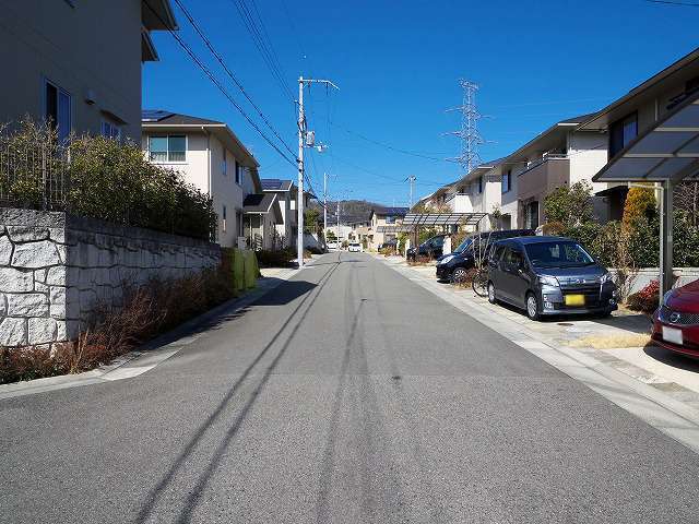 町の北部を南東方向から見た景色。道幅の広い道路沿いに一戸建てが並んでいます。