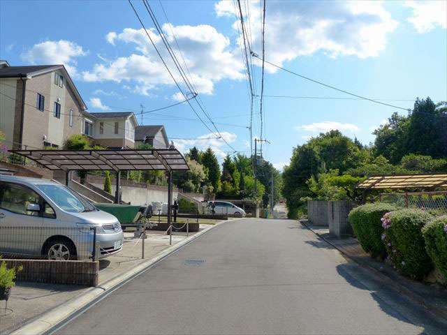 町の南部を東方向から見た景色。緑地に囲まれたところに一戸建てが並んでいます。