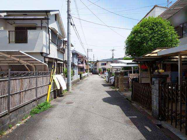 町の南東部を南西方向から見た景色。一戸建てが多く並んでいます。