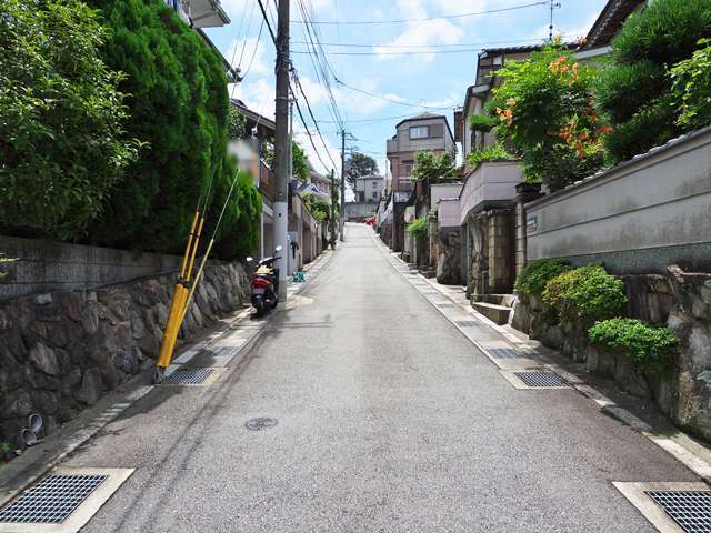町の中央部を北方向から見た景色。生垣や植栽のある家が多い緑豊かな住環境です。