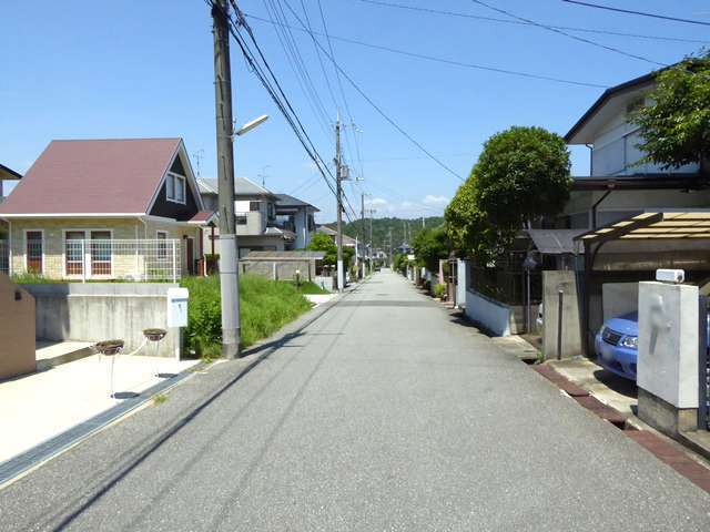 町の南部を南方向から撮影した景色。奥には山林が見えます。