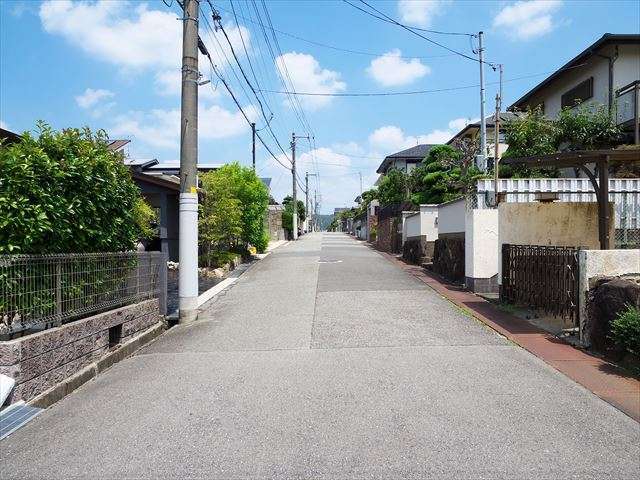 町の南部を南方向から見た景色。生垣や植栽のある家が多く見られます。