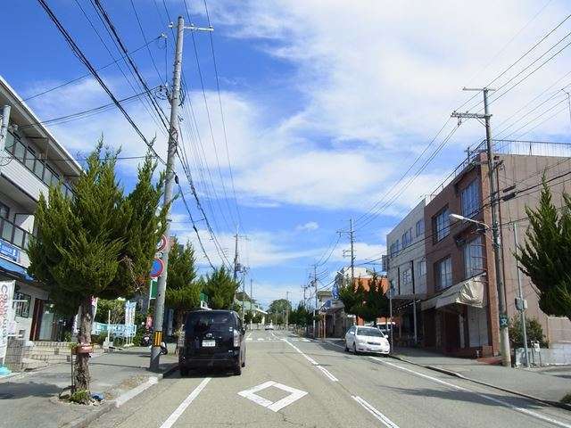 町の南端を東西に走る主要道路を南西方向から見た景色。店舗や事務所が見えます
