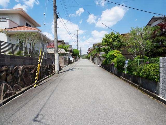 町の南西部を南方向から見た景色。道幅の広い街路沿いに一戸建てが整然と並んでいます。