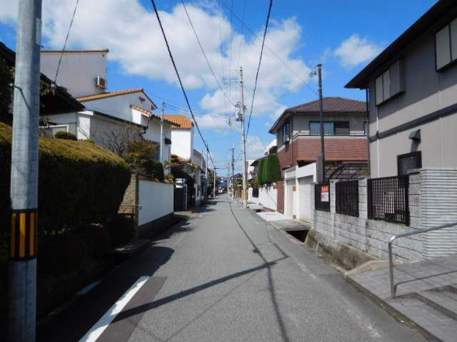 町の南部を南東方向から見た景色。直線的な道路沿いに一戸建てが多く並んでいます。