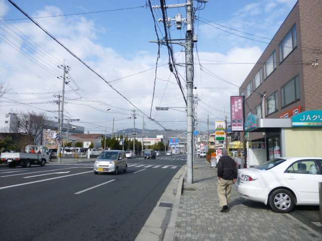 県道335号線沿いには各種店舗が立ち並んでいます。