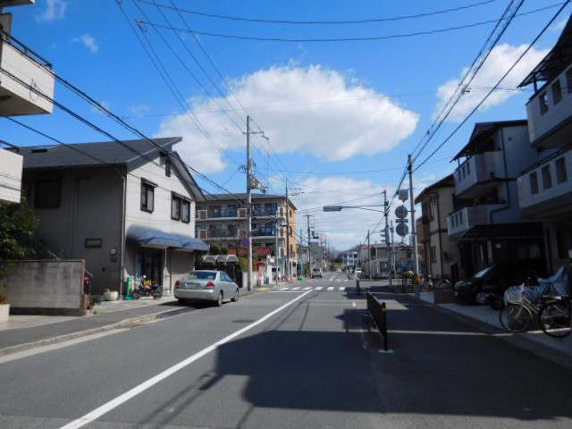 町の北部を西方向から見た景色。道幅が広い道路沿いに一戸建てやマンションが並んでいます。