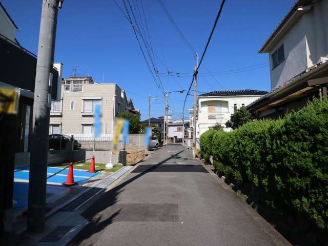 町の中央部を南西方向から見た景色。生垣や植栽のある家が少しあります。