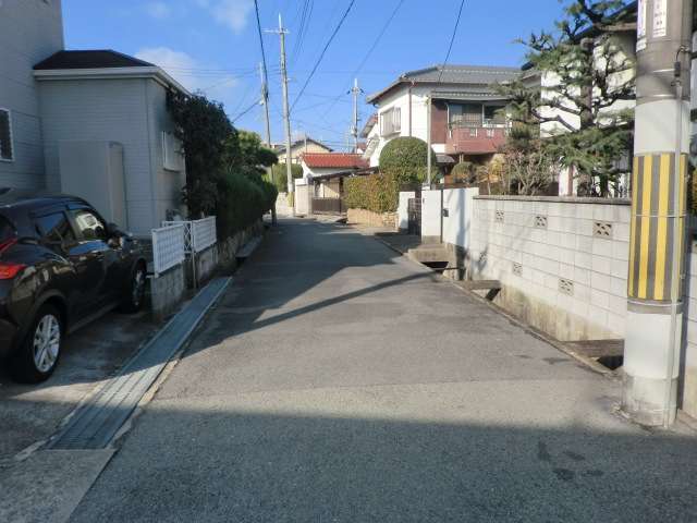 町の中央部を南東方向から見た景色。やや狭い街路沿いに一戸建てが並んでいます。