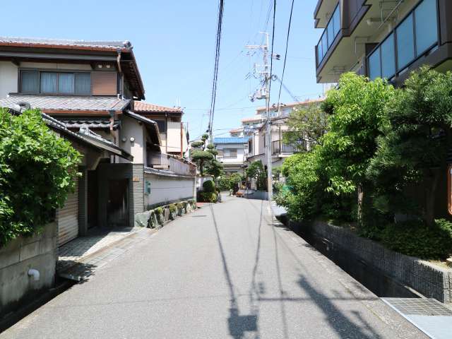 町の中央部を南方向から見た景色。手前には一戸建てが並び、奥にはマンションが見えます。