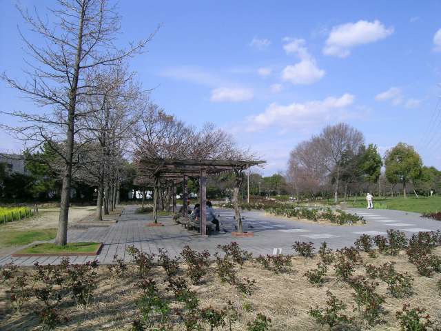 『農業公園』。公園内には広い芝生広場の他、梅や桜、バラ、ボタン、花菖蒲などが植えられた花壇があり、季節ごとに様々な花が楽しめます。