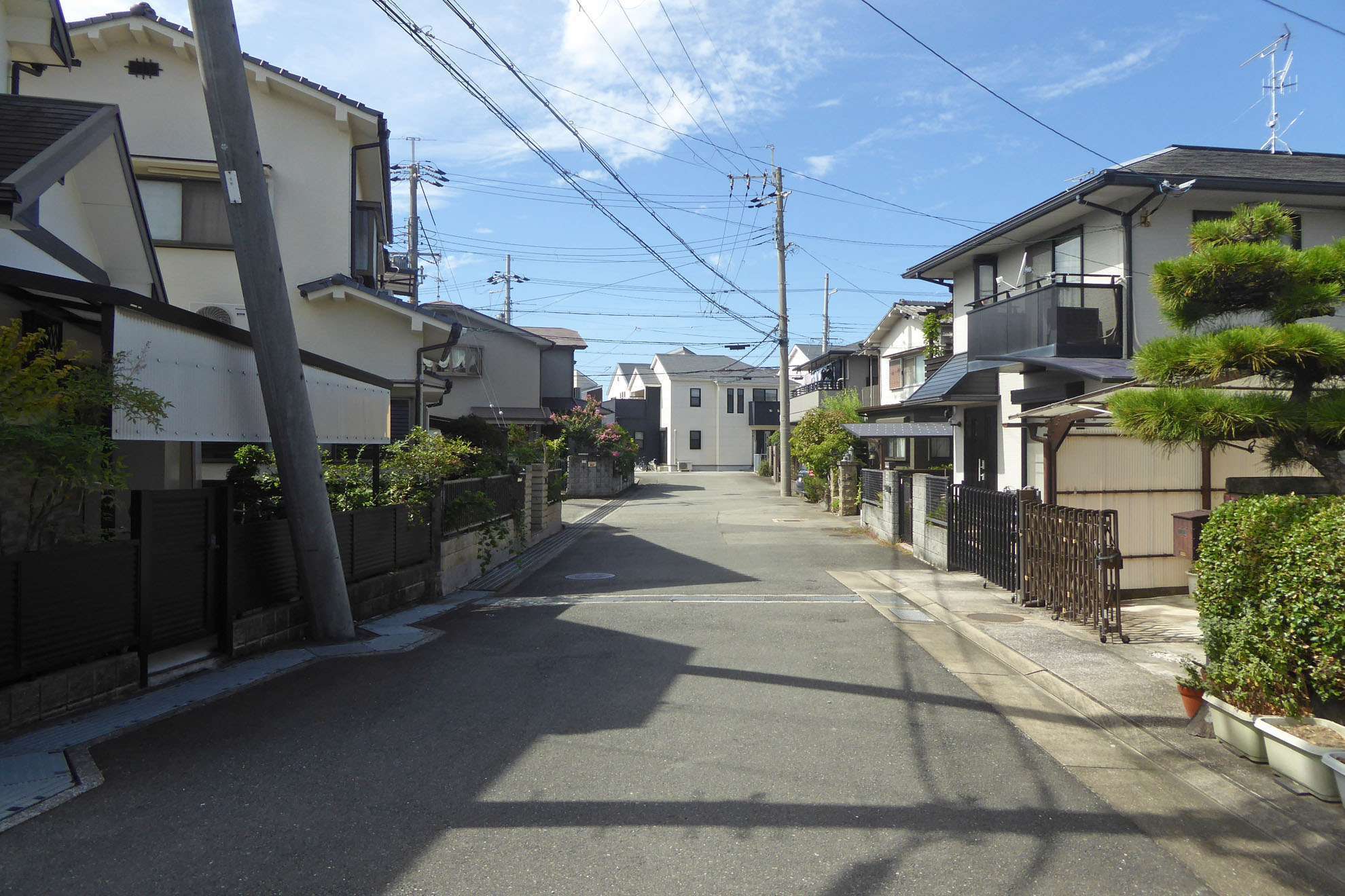 道幅が狭く入り組んだ街路沿いに一戸建てが並んでいます。