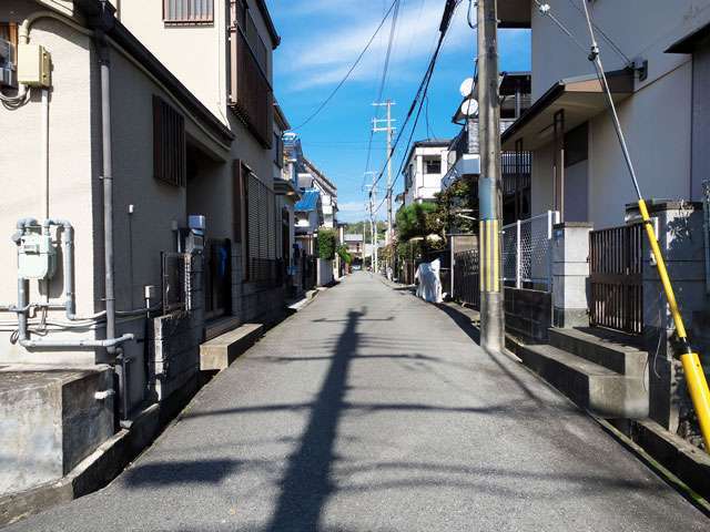 町の南部を南方向から見た景色。狭い街路沿いに一戸建てが並んでいます。