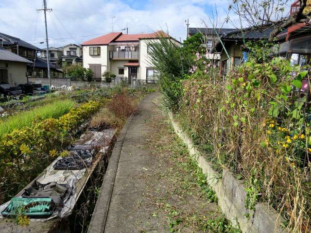 町の北東部を南東方向から見た景色。住宅地の中にも田畑が点在しています。