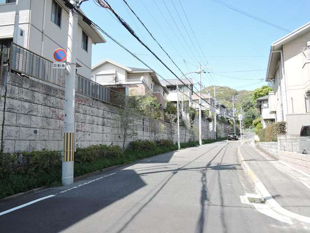 道路より高い位置に一戸建てが建っています。
