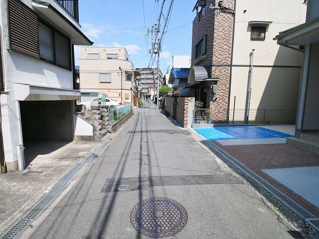 町の西部を西方向から見た景色。一戸建てやマンションが混在しています。