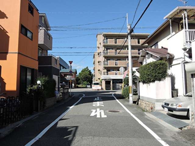 町の北部を南方向から見た景色。主要道路に近いため、マンションが多く見られます。