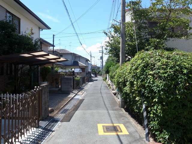 町の北部を東方向から見た景色。生垣や植栽のある家が多いです。